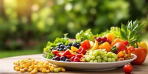 Colorful plate of healthy foods with fruits and vegetables.