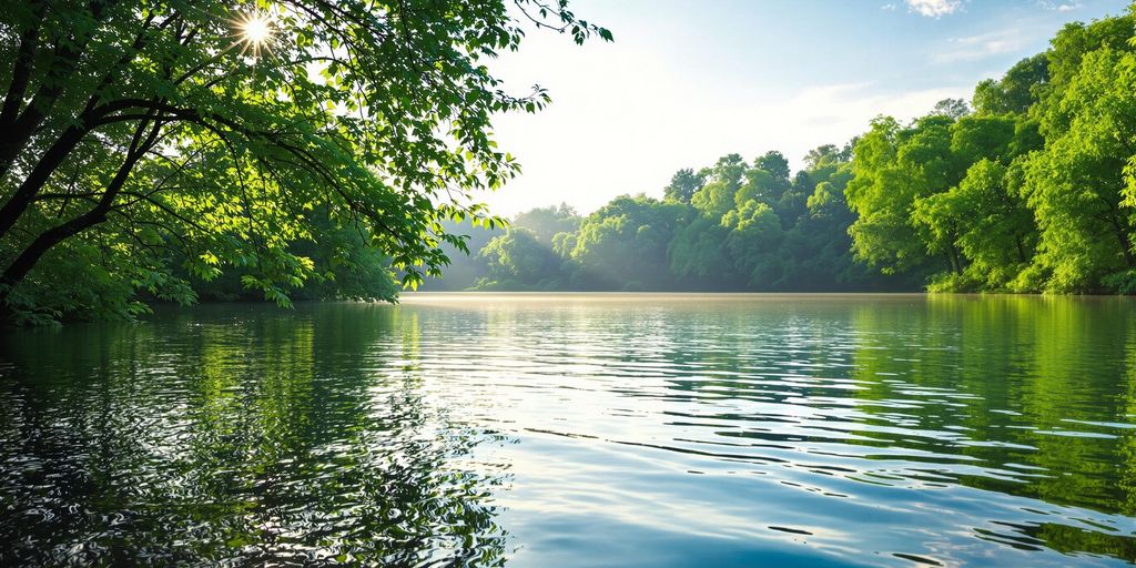 Tranquil lake surrounded by greenery and soft sunlight.