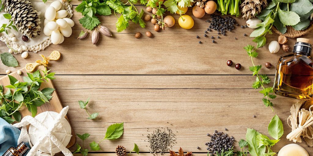 Natural remedies like herbs and oils on a wooden table.