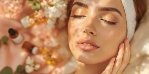 Glowing woman with natural beauty products and fresh flowers.