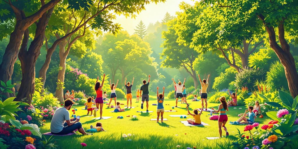 People exercising outdoors, surrounded by greenery and sunlight.