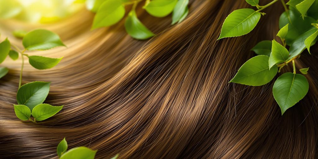 Close-up of healthy hair surrounded by green leaves.