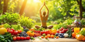 Colorful fruits and vegetables with a person practicing yoga.