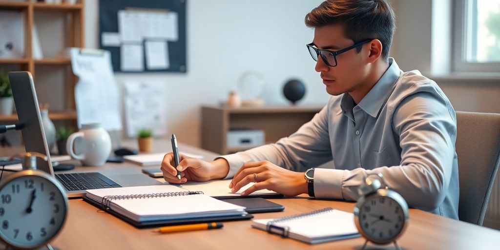 Person at desk with planner and clock for time management.