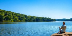 Person meditating by a calm lake in nature.