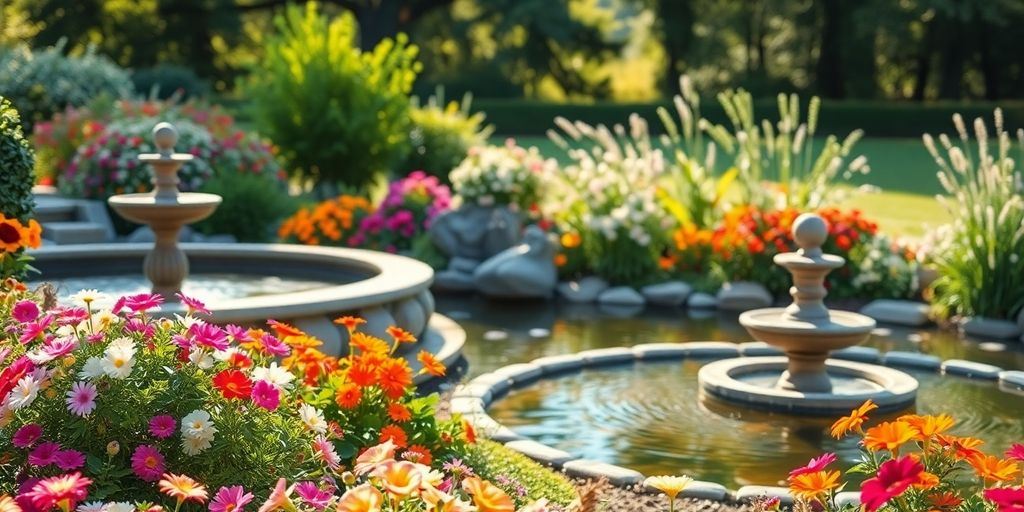 Tranquil garden with flowers and soothing water feature.