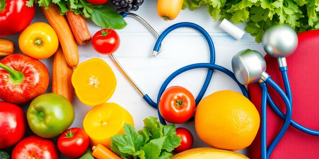 Healthy lifestyle elements: fruits, vegetables, stethoscope, exercise gear.