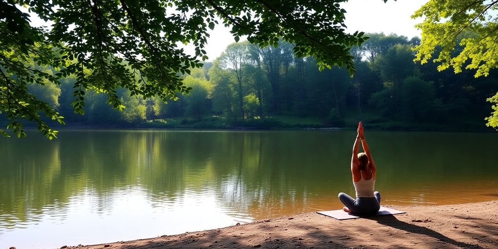 Person doing yoga by a calm lake in nature.