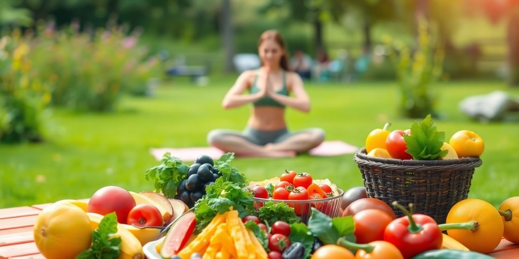 Healthy meal and yoga in a vibrant outdoor setting.