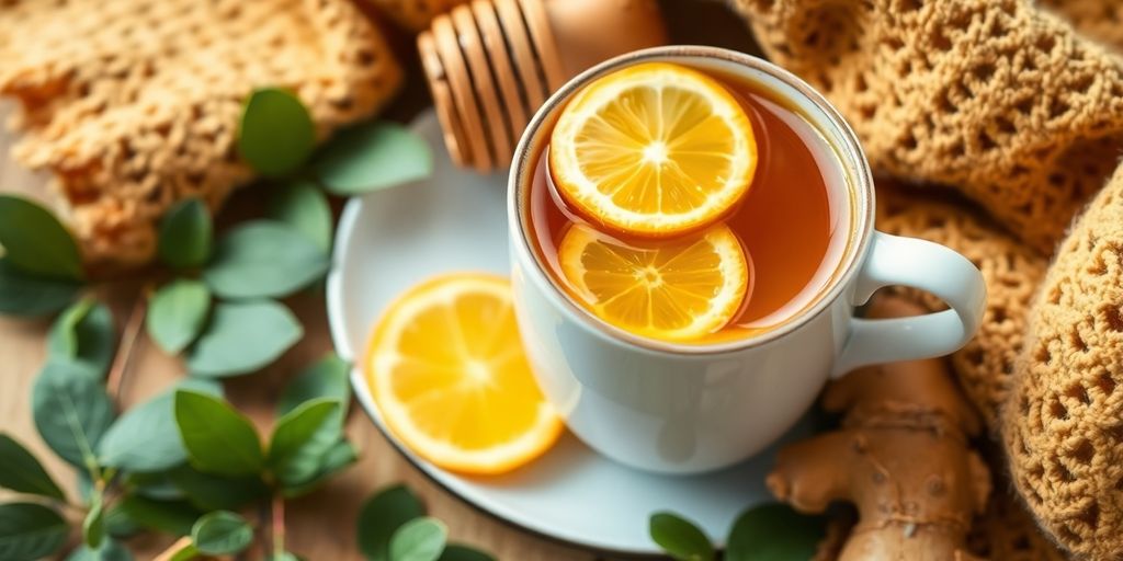 Herbal tea with ginger and honey on a cozy blanket.