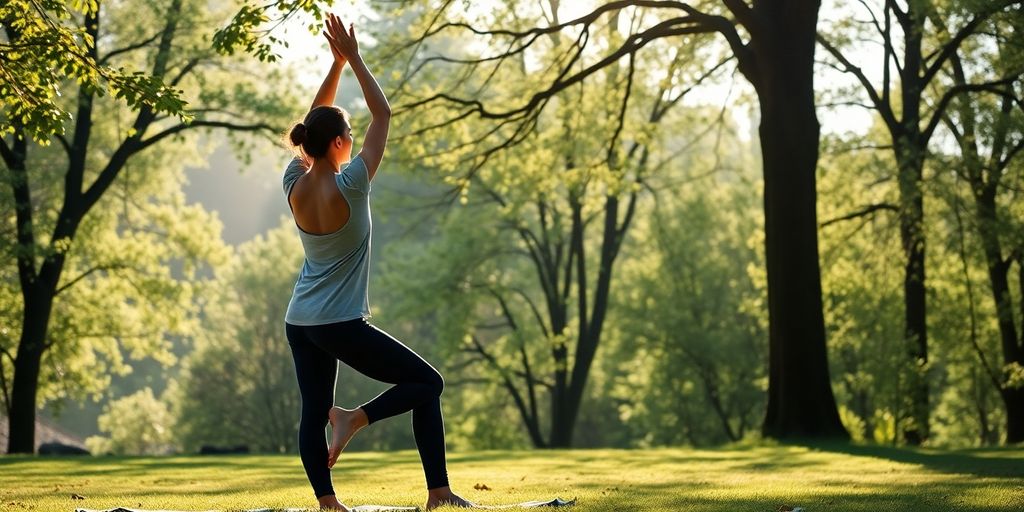 Person practicing yoga in a peaceful outdoor setting.