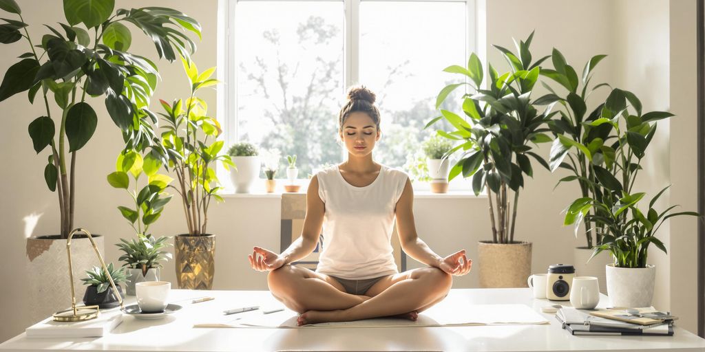 Person meditating in a peaceful workspace with plants.