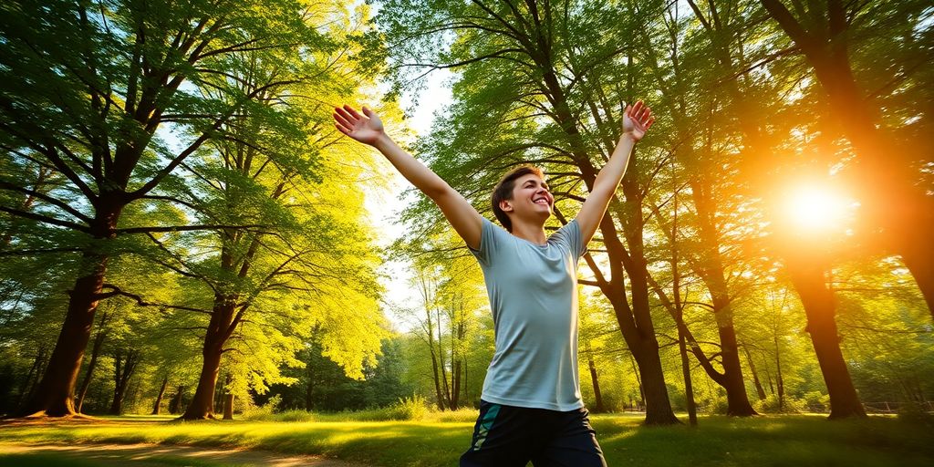 Person jogging in nature, surrounded by sunlight and greenery.