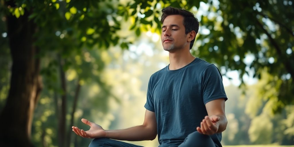 Person meditating in nature, promoting health and relaxation.