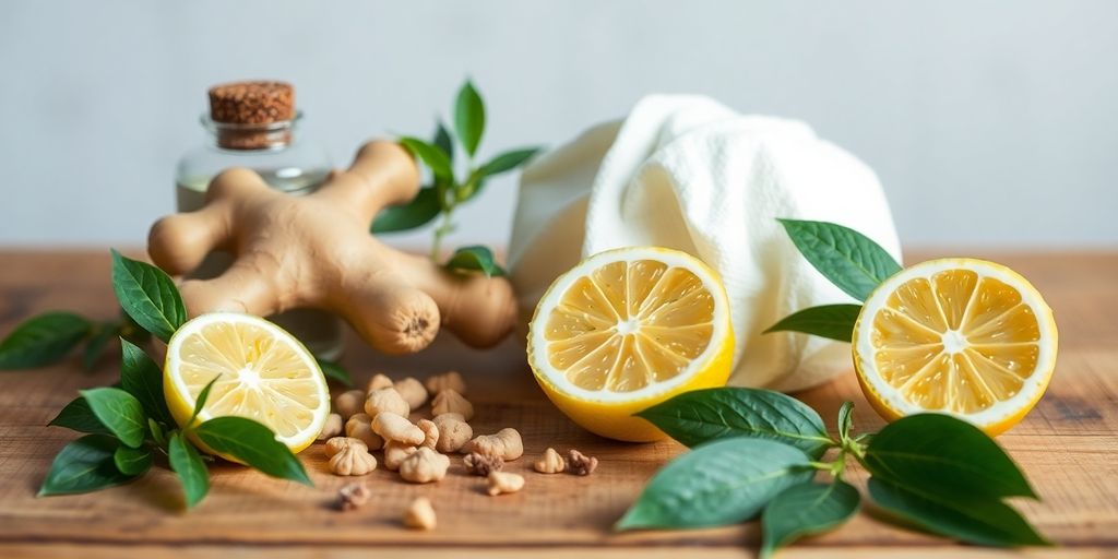 Herbs, ginger, and lemon for natural vomiting relief.