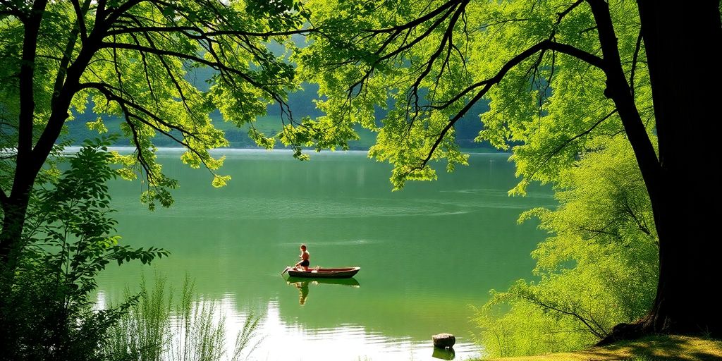 Serene nature scene with a calm lake and greenery.