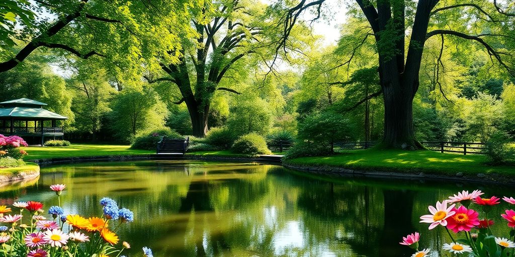 Tranquil garden scene with pond and blooming flowers.